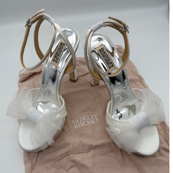 Badgley Mischka Sophie Platform Sandal Womens 9 Block Stiletto Tulle Bow Buckle - Picture 5 of 13